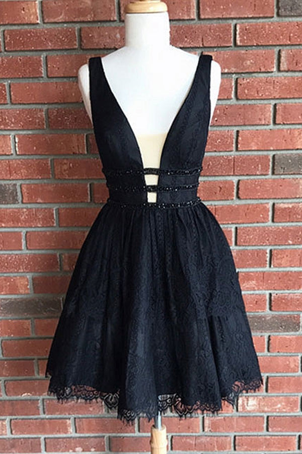 Black Lace Cute Homecoming Dress,Short V Neck Party Dresses,PH128