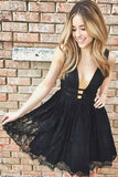 Black Lace Cute Homecoming Dress,Short V Neck Party Dresses,PH128