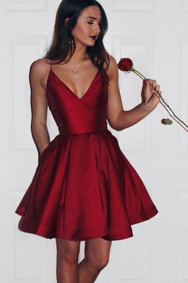 Burgundy Homecoming Dresses,Short Cute Simple Spaghetti Straps Prom Dress, PH231