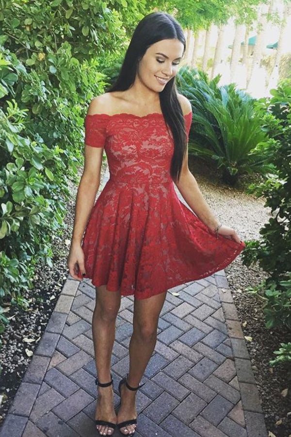A-Line Off-Shoulder Short Prom Dress, Red Lace Homecoming Dress Short US12 / Custom Color A-Line Off-Shoulder Short Prom Dress, Red Lace Homecoming Dress Short US12 / Custom Color