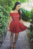 A-Line Off-Shoulder Short Prom Dress, Red Lace Homecoming Dress, PNH232