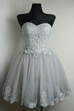 Grey Strapless Sweetheart Homecoming Dresses,Lace Short Prom Dresses with Applique, SH239
