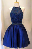 Royal Blue High Neck Taffeta Halter Homecoming Dresses with Beading, SH241