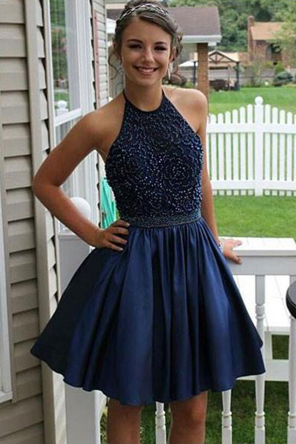 Royal Blue High Neck Taffeta Halter Homecoming Dresses with Beading, SH241