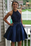 Royal Blue High Neck Taffeta Halter Homecoming Dresses with Beading, SH241