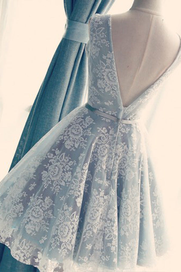 Light Blue Open Back A-Line V-Neck Lace Homecoming Dress with Belt, SH246