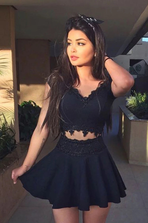 Fabulous Chiffon Black Cap Sleeves V neck Homecoming Dress – Promnova