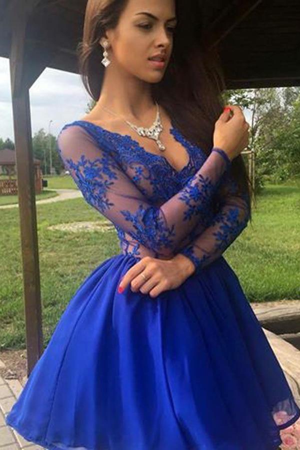 Royal Blue Appliques V Neck A-line Chiffon Short Homecoming Dress US20W / As Picture Royal Blue Appliques V Neck A-line Chiffon Short Homecoming Dress US20W / As Picture