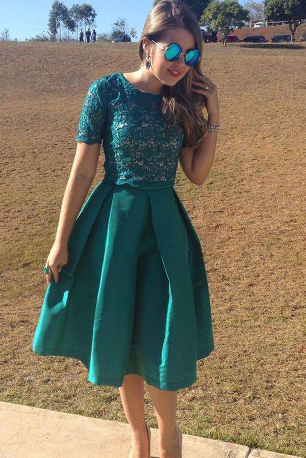 Green Lace Homecoming Dress Scoop Knee-length Short Prom Dress US8 / As Picture