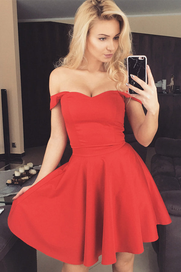A-line Red Satin Off-the-shoulder Short Homecoming Dress Party Dress Promnova A-line Red Satin Off-the-shoulder Short Homecoming Dress Party Dress Promnova