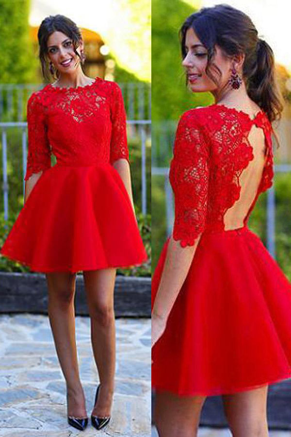 Lace Red A-line Homecoming Dress Sexy Open Back Short Prom Dress Promnova Lace Red A-line Homecoming Dress Sexy Open Back Short Prom Dress Promnova