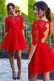 Lace Red A-line Homecoming Dress Sexy Open Back Short Prom Dress, PH281