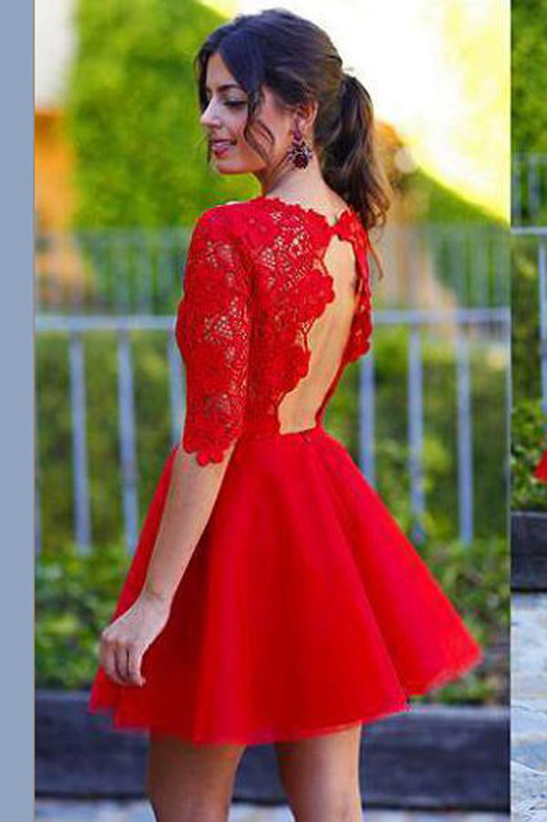 www.simidress.com supply Lace Red A-line Homecoming Dress Sexy Open Back Short Prom Dress, PH281
