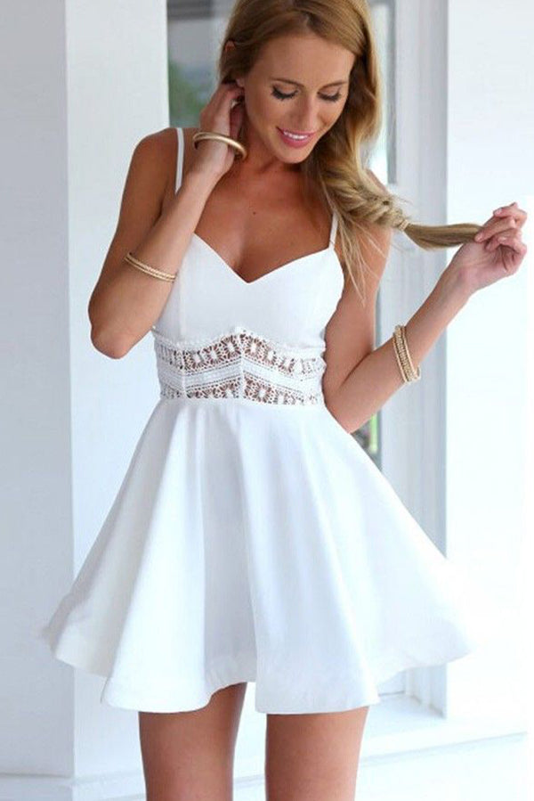Sexy V-neck Backless Lace White Spaghetti Straps Short Homecoming Dress,PH285