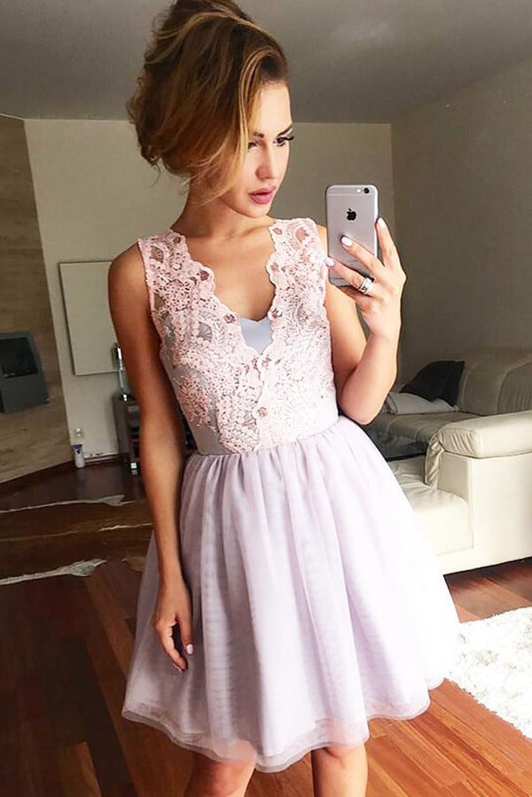 Cute and Sexy Sleeveless Appliques Lilac Short Chiffon Homecoming Dress Promnova Cute and Sexy Sleeveless Appliques Lilac Short Chiffon Homecoming Dress Promnova