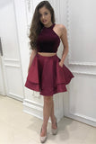 Two Pieces Halter Homecoming Dress Burgundy Short Prom Dress Party Dress,PH295