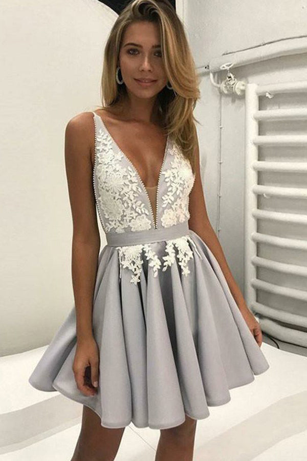Silver V-neck Appliques Homecoming Dress Short Cheap Backless Party Dress, PH296