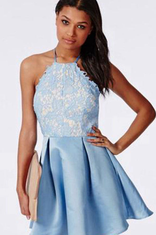 Lace Halter Criss-Cross Straps Homecoming Dress Short Satin Prom Dress, PH297 US0 / As Picture Lace Halter Criss-Cross Straps Homecoming Dress Short Satin Prom Dress, PH297 US0 / As Picture