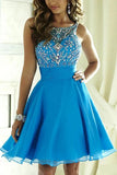 Blue Chiffon Open Back Homecoming Dress Scoop Lace-up Short Prom Dress,PH300