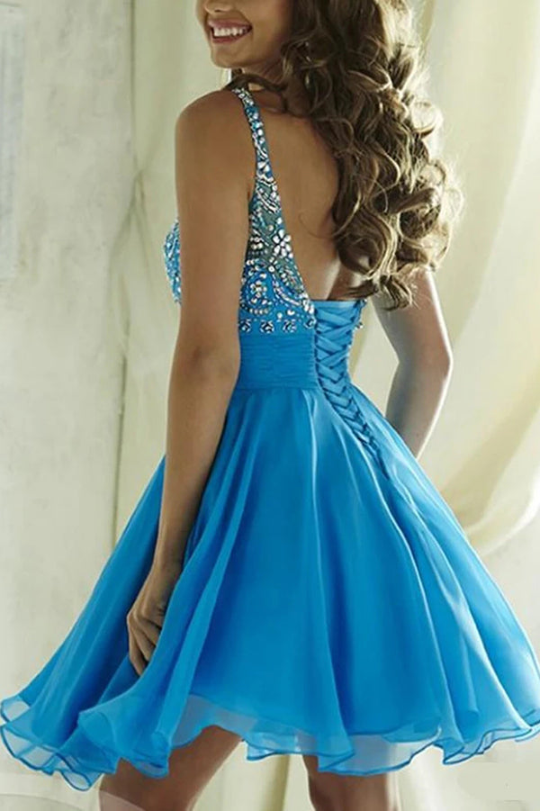 Blue Chiffon Open Back Homecoming Dress Scoop Lace-up Short Prom Dress,PH300