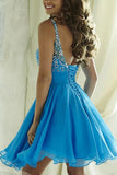 Blue Chiffon Open Back Homecoming Dress Scoop Lace-up Short Prom Dress,PH300