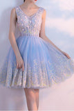V-neck Appliques Homecoming Dress  Tulle Short Prom Dress Party Dress,PH301