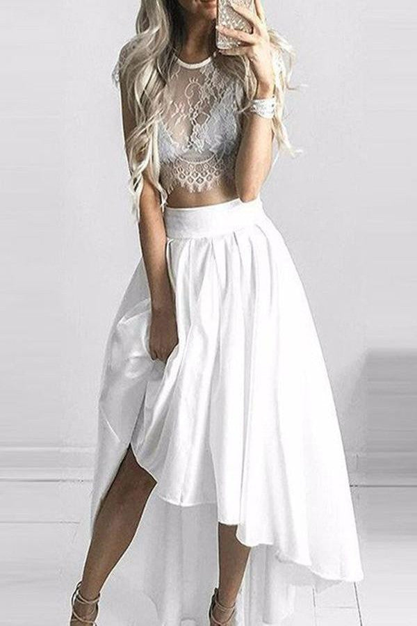 Two Pieces Scoop A-line Asymmetrical White Lace Long High Low Prom Dress,PH302 