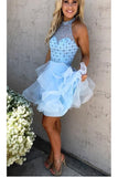 A-line Halter Rhinestone Light Sky Blue Short Tulle Homecoming Dress,PH304