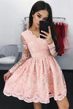 Chic Pink A-line V-neck Lace Short Homecoming Dress Party Dress,PH307