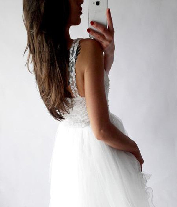 www.promnova.com|White Tulle V-neck Appliques Short Homecoming Dress Prom Dress,PH309