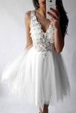 White Tulle V-neck Appliques Short Homecoming Dress Prom Dress,PH309