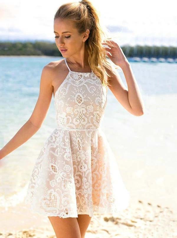 Sexy Halter Lace Ivory Short Homecoming Dress Prom Dress Party Dress US16 / As Picture Sexy Halter Lace Ivory Short Homecoming Dress Prom Dress Party Dress US16 / As Picture
