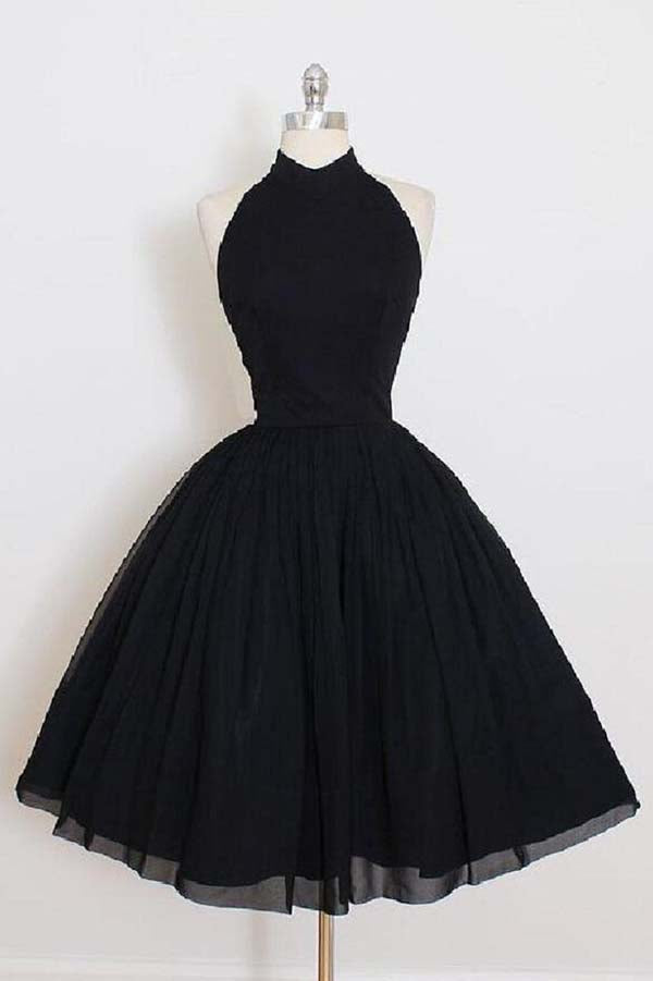 Cute A-line Black Chiffon Backless Short Prom Dress Homecoming Dress – Promnova