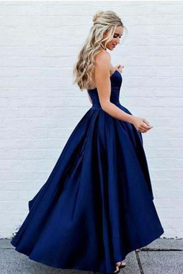 Simple Satin Sweetheart Dark Blue High-low Prom Dress Evening Dress,PH315 from promnova.com