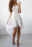 A-line White Lace High low Prom Dress Lace Homecoming Dress,PH317