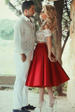 Cute Red Satin Two Pieces Short Lace Prom Dresses Evening Dress,PH319