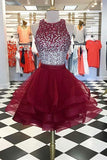 Two Pieces Burgundy Sequin Tulle Short Prom Dress Homecoming Dress,PH321