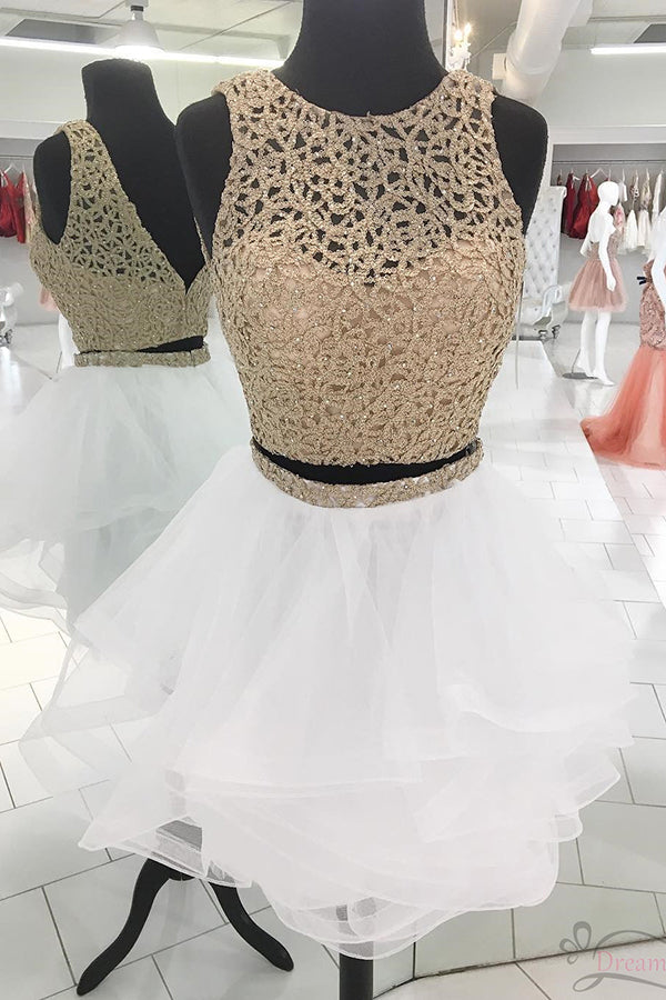 Cute White Tulle Sequin Two Pieces Short Prom Dress Homecoming Dress,PH322