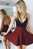 Simple Satin Burgundy V-neck Backless Short Prom Dress Homecoming Dress,PH324