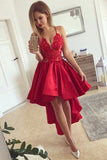 Red Satin V Neck High Low Short Prom Dress Lace Homecoming Dress,PH325