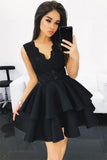Black V Neck Lace Satin Short Prom Dress Lace Homecoming Dress,PH326