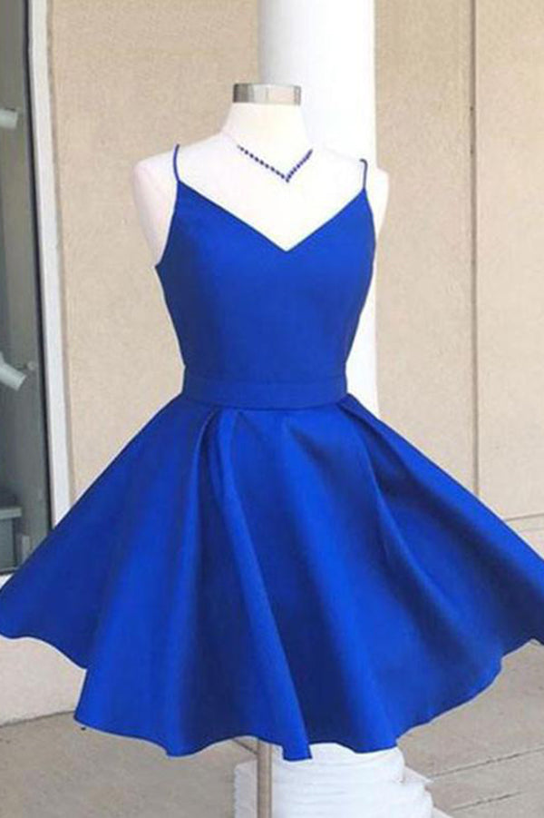 Simple V-neck Blue Satin Sleeveless Short Prom Dress Homecoming Dress, – Promnova