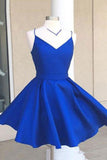 Simple V-neck Blue Satin Sleeveless Short Prom Dress Homecoming Dress,PH327