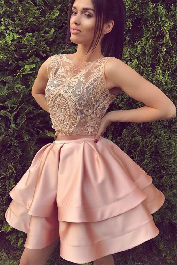 Satin Pink Two pieces Sleeveless Short Prom Dress Homecoming Dress,PH330
