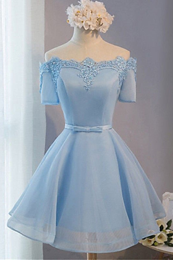 Simple Off Shoulder Blue Lace Cheap Short Prom Dress Homecoming Dress,PH332