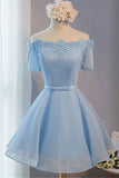Simple Off Shoulder Blue Lace Cheap Short Prom Dress Homecoming Dress,PH332