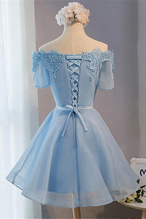 Short Sleeves Short Blue Prom Dresses with Lace-up, Short Blue Homecoming Graduation Dresses, US 16 / Blue as Pics / No Rush Short Sleeves Short Blue Prom Dresses with Lace-up, Short Blue Homecoming Graduation Dresses, US 16 / Blue as Pics / No Rush