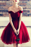 Tulle Knee Length Off Shoulder Homecoming Dresses Burgundy Short Prom Dress,PH334