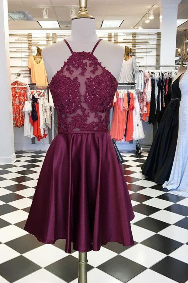 Charming Burgundy Halter Short Prom Dress Homecoming Dress With Appliques – Promnova