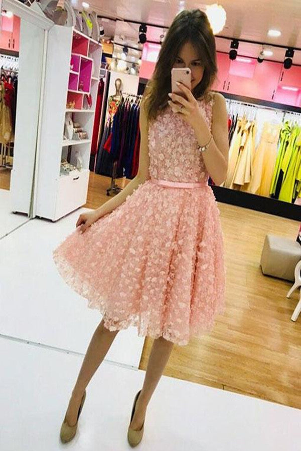 Cute Pink Round Neck Homecoming Dresses Short Prom Dress Evening Dress – Promnova